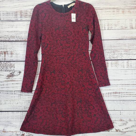 LOFT Red Black Floral Embossed Whimsigoth Midi Dress Size XS Fit & Flare NWT - Picture 1 of 11